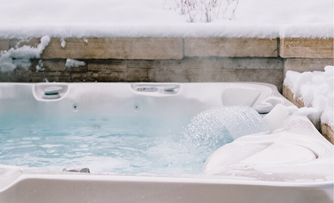Caldera Utopia Cantabria Platinum Slate Hot Tub in Snow with Cover